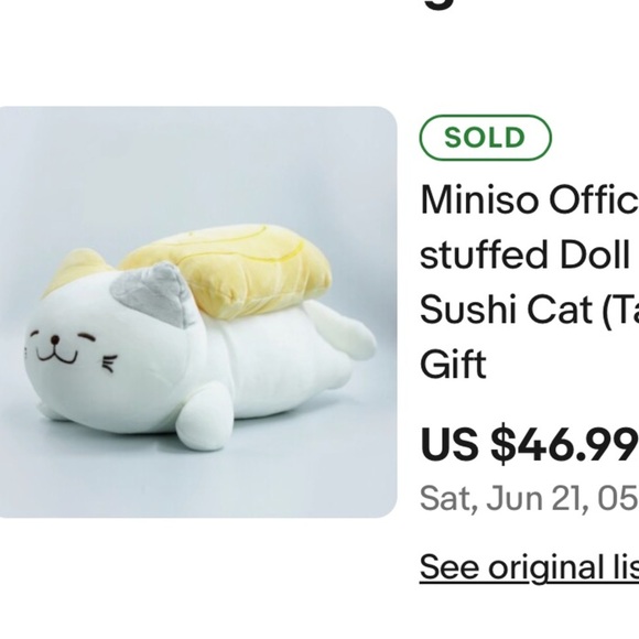 Miniso Official Soft stuffed Doll Plush Toy Sushi Cat (Tamagoyaki) Gift - Picture 1 of 4